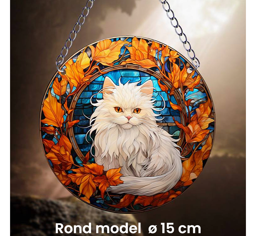 Allernieuwste.nl® Raamhanger Raamdecoratie Witte Poes Katje - Kleurige Zonnevanger Rond Acryl met Ketting - Dieren - Glas in Lood Suncatcher Rond model 15 cm %%