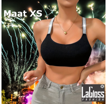 LaGloss Zwarte Festival Top met Zilveren Schouderbanden - Maat XS/34