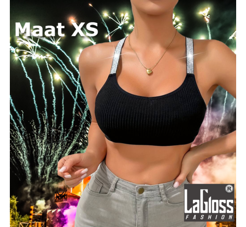 LaGloss LaGloss® Zwarte Festival Top met Zilveren Schouderbanden - Sportieve en Stijlvolle Dames Hemdjes - Polyamide en Elastaan - Machinewasbaar - Maat XS/34 %%