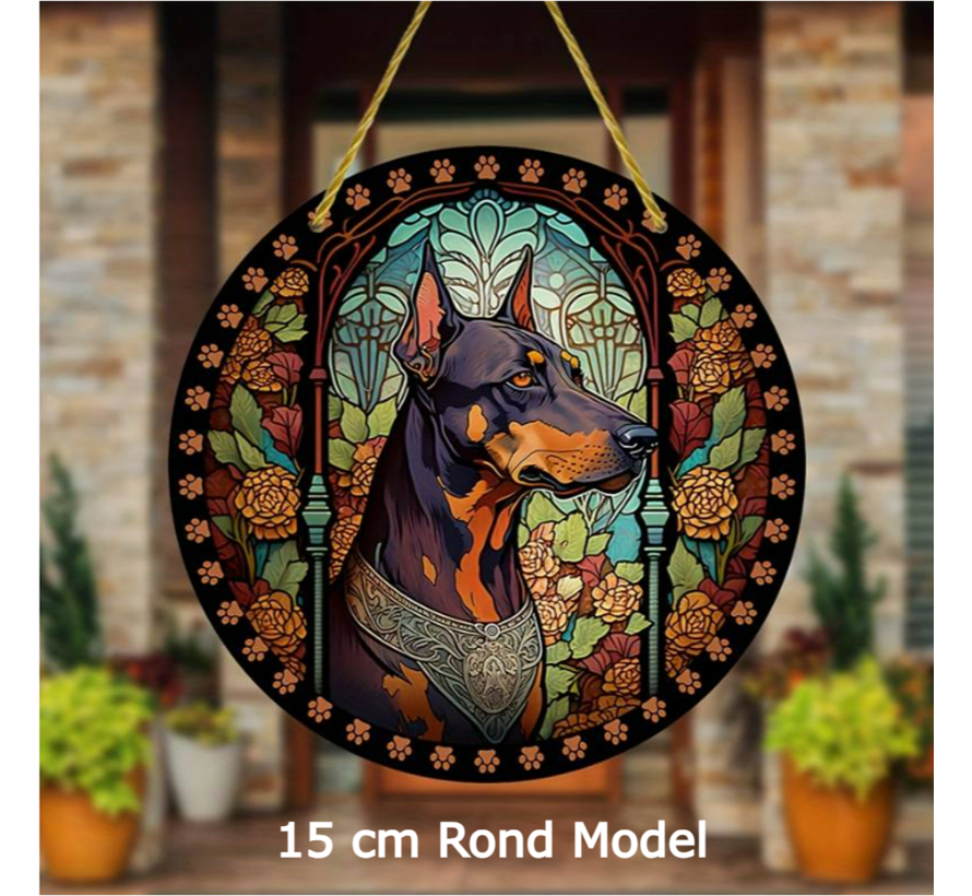 Allernieuwste.nl® Raamhanger Raamdecoratie Dobermann Bloemen - Kleurige Zonnevanger Rond Acryl met Ophangtouw - Honden - Glas in Lood Suncatcher Rond model 15 cm %%