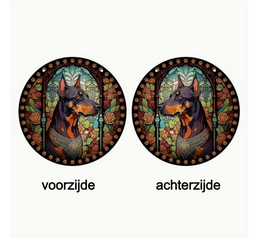 Allernieuwste.nl® Raamhanger Raamdecoratie Dobermann Bloemen - Kleurige Zonnevanger Rond Acryl met Ophangtouw - Honden - Glas in Lood Suncatcher Rond model 15 cm %%