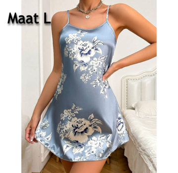 LaGloss Satijnen Nachtjurk met Bloemenprint - Blauw - Maat L