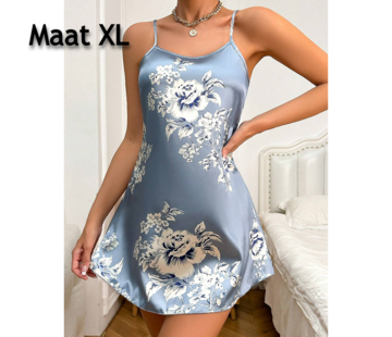 LaGloss Satijnen Nachtjurk met Bloemenprint - Blauw - Maat XL