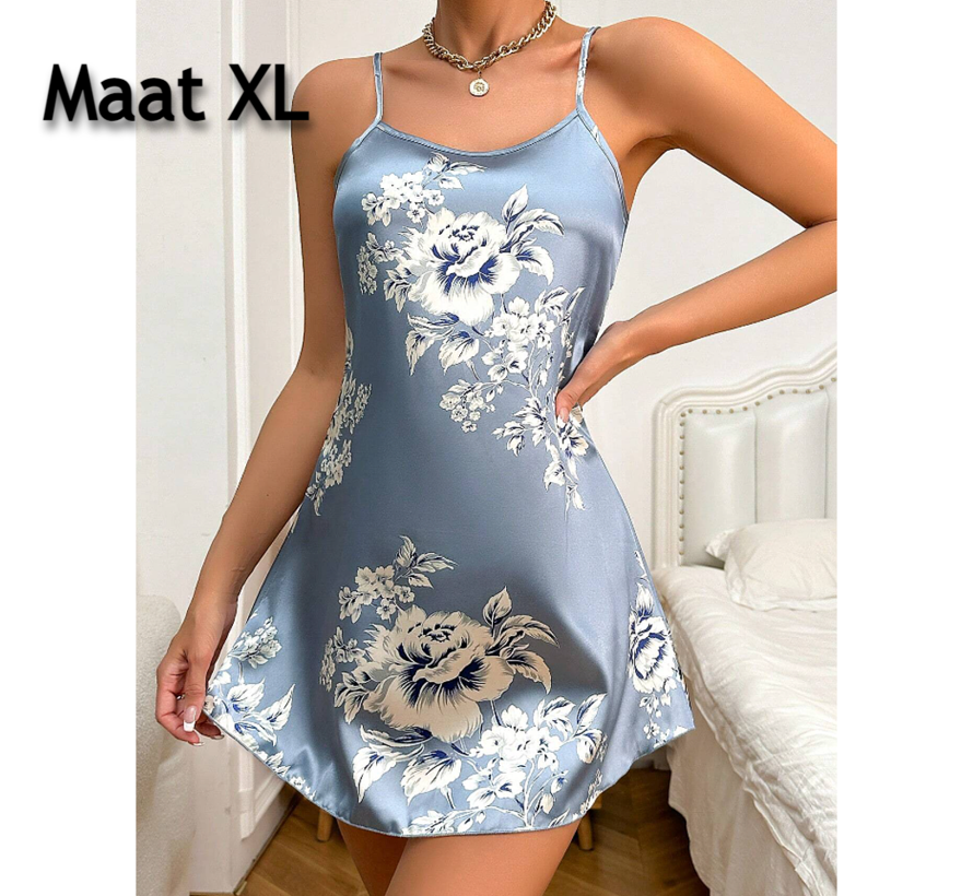 LaGloss® Satijnen Nachtjurk Blauw met Bloemenprint - Spaghetti Bandjes - Mini Lengte - Elegante Onderjurk voor Dames - Maat XL **