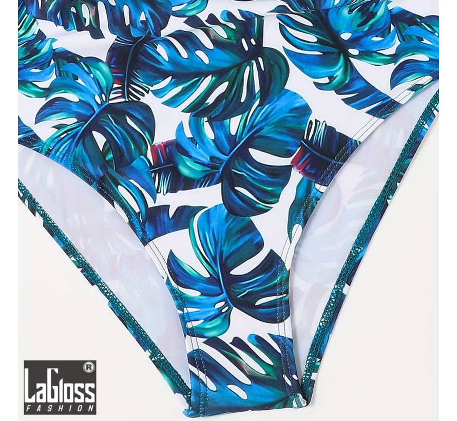 LaGloss® Turquoise badpak met Bloemenprint en Effen V-Hals Top - Beach Swimsuit - Strand Badpak - Zwembad - Maat S %%