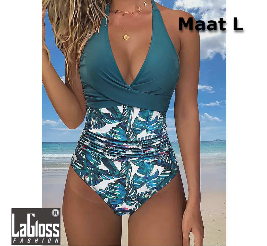 LaGloss® Turquoise badpak met Bloemenprint en Effen V-Hals Top - Beach Swimsuit - Strand Badpak - Zwembad - Maat L %%