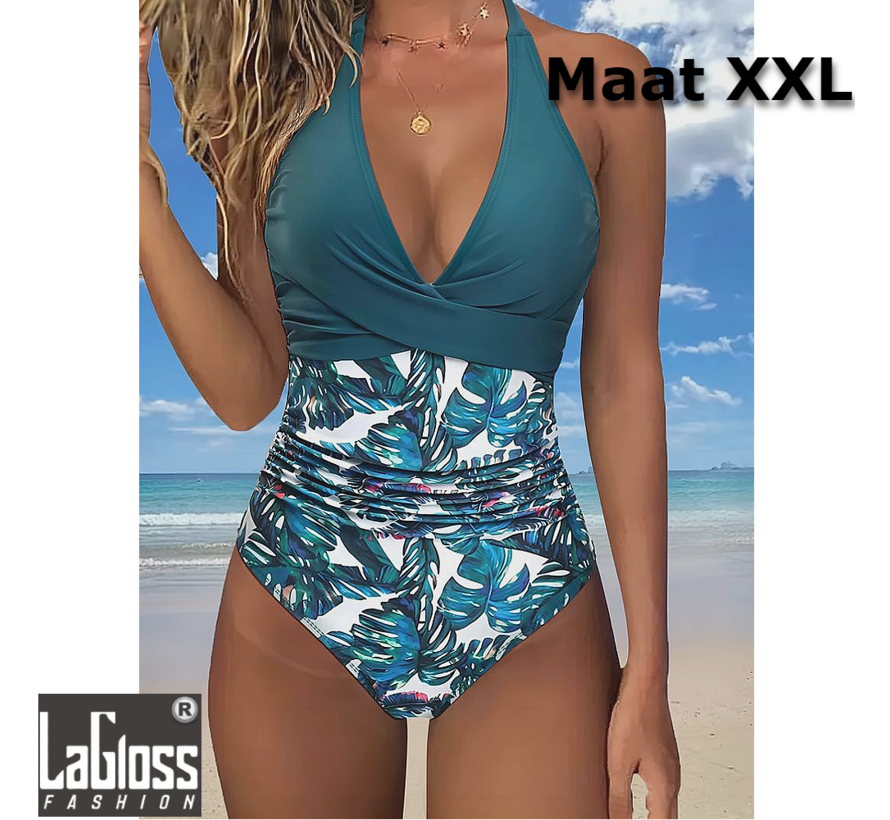 LaGloss® Turquoise badpak met Bloemenprint en Effen V-Hals Top - Beach Swimsuit - Strand Badpak - Zwembad - Maat XXL %%