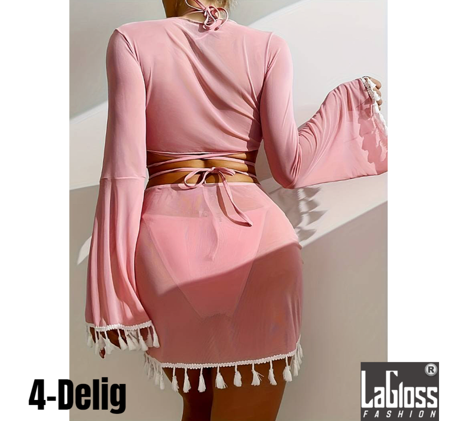 LaGloss® 4-delige Bikini set Roze - Bikini Top & Broekje + Topje en Rokje met Witte Kwastjes - Beach - Pof Mouwtjes - Maat S %%