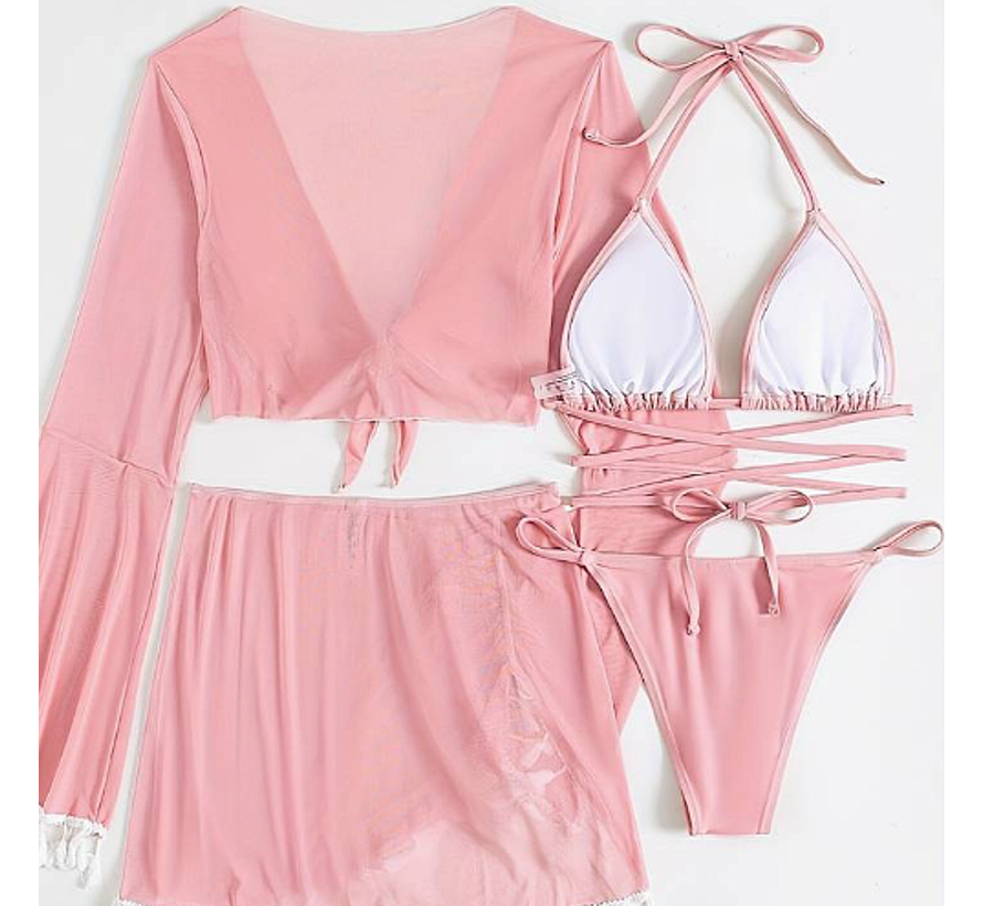 LaGloss® 4-delige Bikini set Roze - Bikini Top & Broekje + Topje en Rokje met Witte Kwastjes - Beach - Pof Mouwtjes - Maat M %%