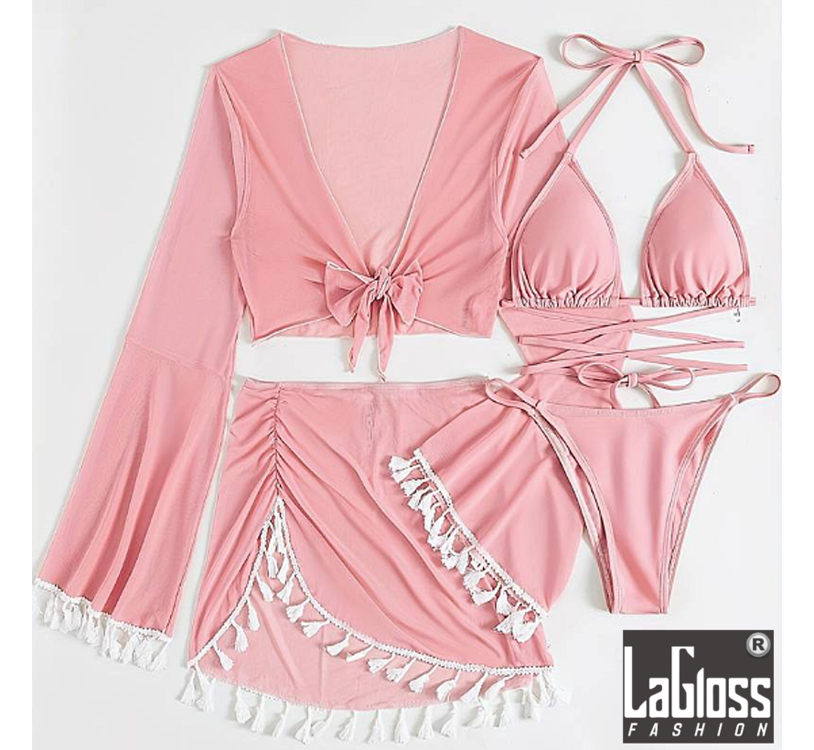 LaGloss® 4-delige Bikini set Roze - Bikini Top & Broekje + Topje en Rokje met Witte Kwastjes - Beach - Pof Mouwtjes - Maat XL %%