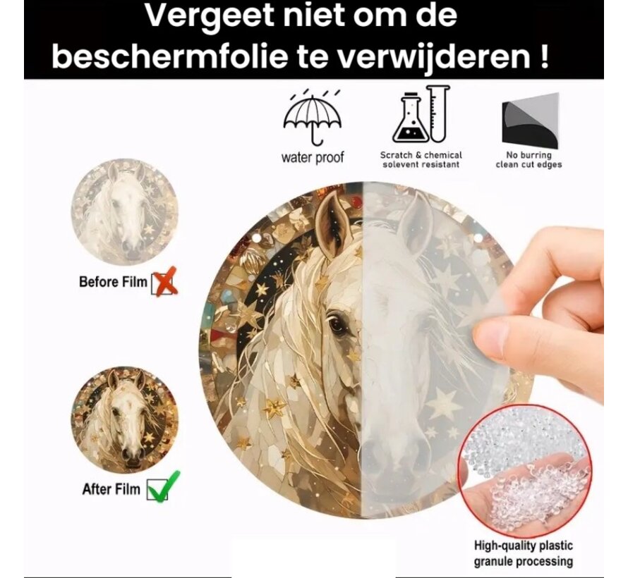 Allernieuwste.nl® Raamhanger Raamdecoratie Creme Paard met Sterren - Bruine Zonnevanger Rond Acryl met Ketting - Dieren - Suncatcher Rond model 15 cm %%