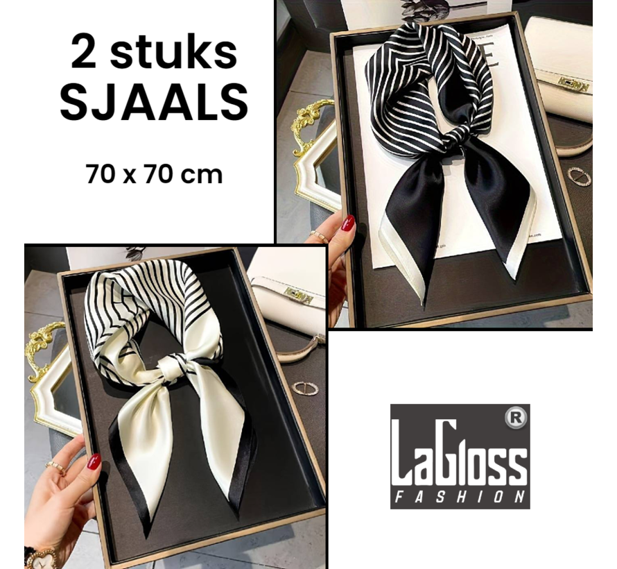 LaGloss® 2 stuks Luxe Vintage Zwart Witte Gestreepte Sjaals  - Winddicht & Zonbeschermend - Hoofddoek - Haar accessoire - Zwart/Wit Kleurblok - Vierkant - 70 x 70 cm %%