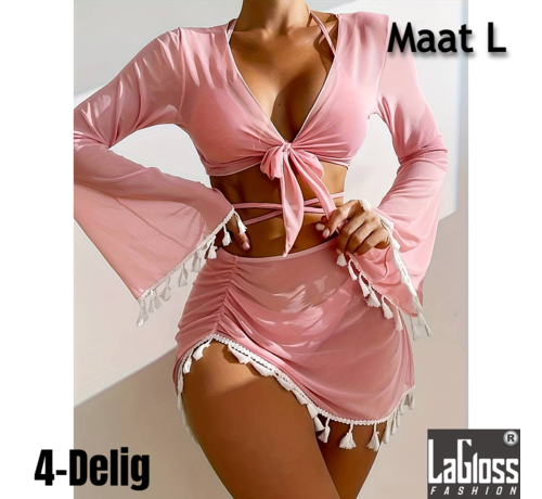 LaGloss LaGloss® 4-delige Bikini set Roze - Bikini Top & Broekje + Topje en Rokje met Witte Kwastjes - Beach - Pof Mouwtjes - Maat L %%