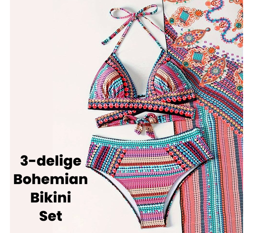 LaGloss® 3-delige Bikini set Roze Bohemian Style met Stippenprint - Bikini Top & Broekje + Omslagdoek - Beach - Maat S %%