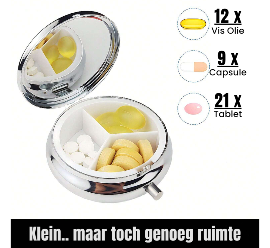 Allernieuwste.nl® RVS Pillendoosje Bloemen - Pillendoosje 3 Vakjes - Doosje voor pillen - Pillendoosje handtas - Pillendoosje Klein - Pillendoosje Roestvrij Staal - 4.5cm