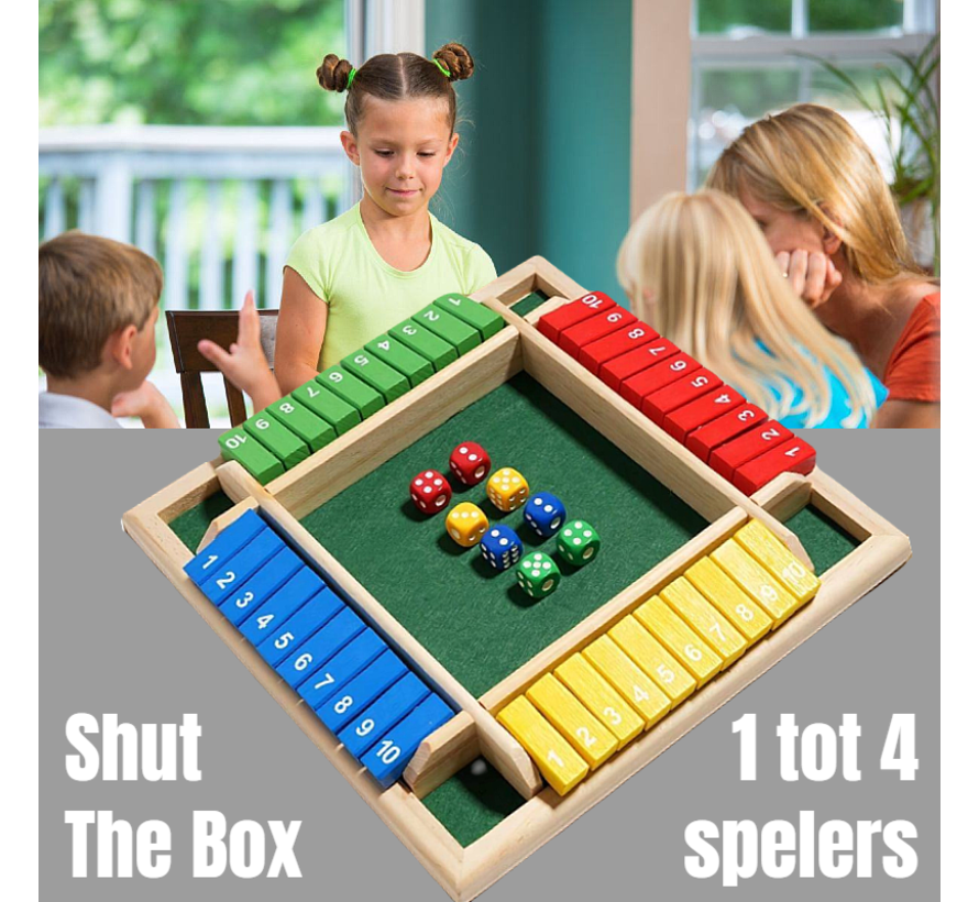 Allernieuwste.nl® Shut the box - Dobbelspel - 1 - 4 spelers - Houten Bordspel - Drankspel - Denkspel - Gezelschapsspel voor volwassenen en kinderen - Spel voor op Reis - Houten spel - Kinder spel - Dobbelstenen - Reisspel - Samen spelen - KLEUR