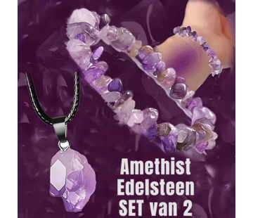 LaGloss 2 STUKS Amethist Edelsteen Armband + Halsketting