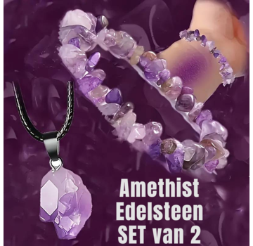 LaGloss 2 STUKS Amethist Edelsteen Armband + Halsketting