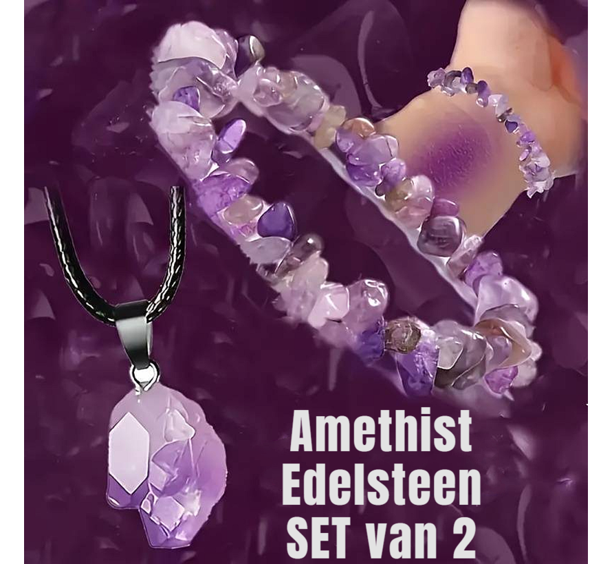 LaGloss® SET 2 STUKS Amethist Edelsteen Armband + Halsketting - Natuurlijke Paarse Stenen- Tijdloze Sieraden - SET van 2 %%