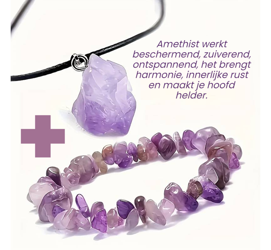 LaGloss® SET 2 STUKS Amethist Edelsteen Armband + Halsketting - Natuurlijke Paarse Stenen- Tijdloze Sieraden - SET van 2 %%