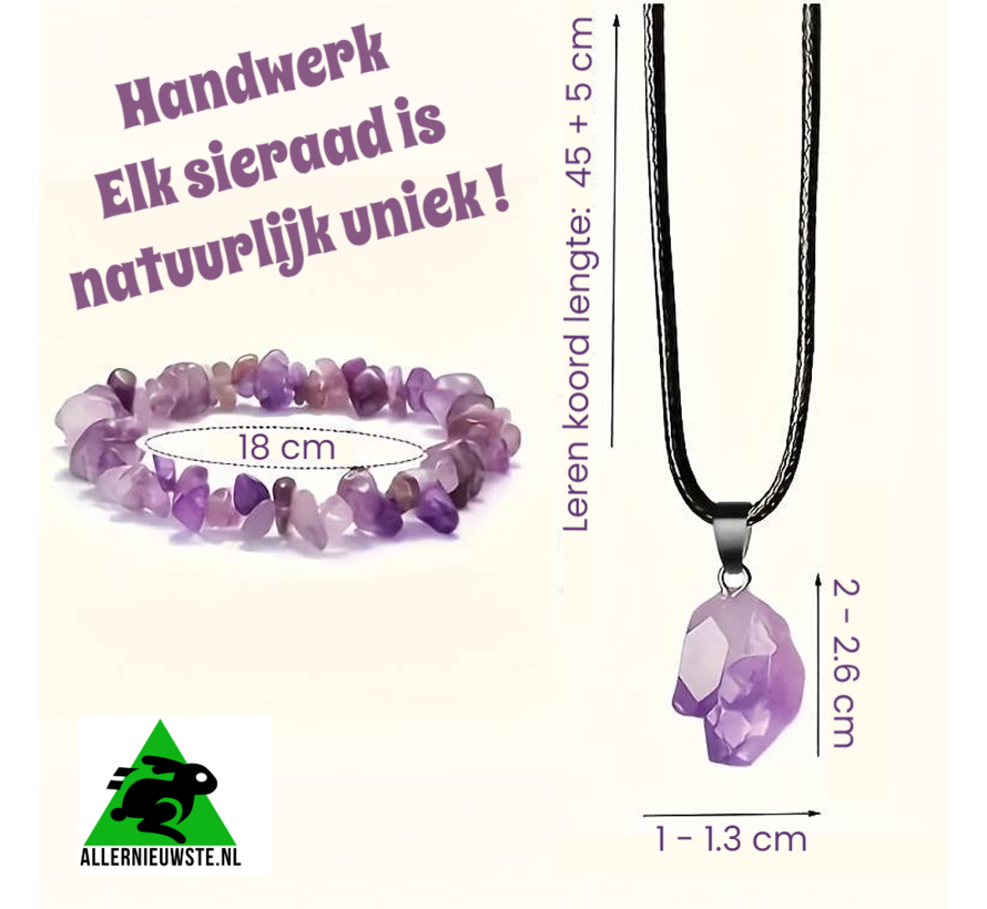 LaGloss® SET 2 STUKS Amethist Edelsteen Armband + Halsketting - Natuurlijke Paarse Stenen- Tijdloze Sieraden - SET van 2 %%