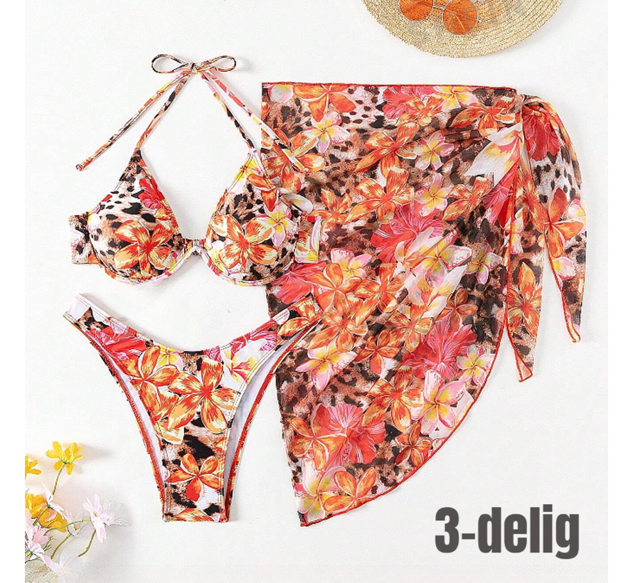 LaGloss® 3-delige Bikini set Push Up Bloemenprint Amaryllis - Bikini Top & Broekje + Omslagdoek - Beach - Maat S **