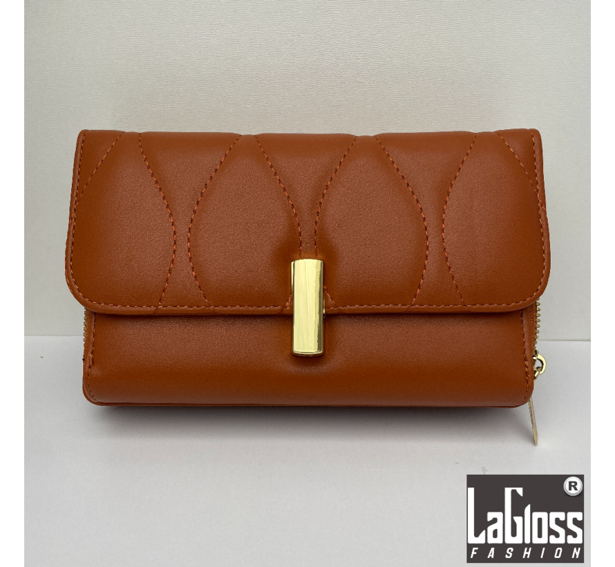 LaGloss® Clutch Cognac Bruin met Goudkleurige sluiting - PU Leer - Schoudertas - Handtas - Telefoontas - Accessoire - 25 x 6 x 13 cm