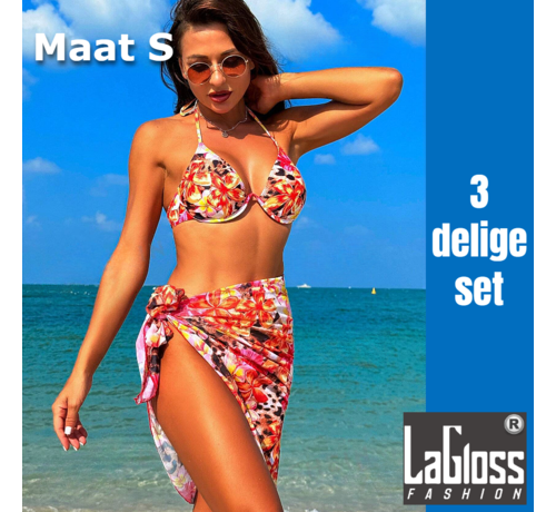 LaGloss LaGloss® 3-delige Bikini set Push Up Bloemenprint Amaryllis - Bikini Top & Broekje + Omslagdoek - Beach - Maat S **