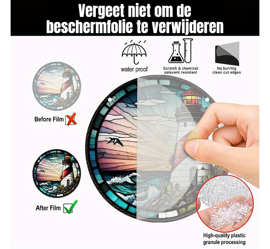 Allernieuwste.nl® Raamhanger Raamdecoratie Vuurtoren Rood - Kleurige Zonnevanger Rond Acryl met Ketting - Natuur - Suncatcher Rond model 15 cm %%