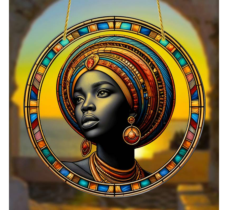 Allernieuwste.nl® Raamhanger Raamdecoratie Afro-Amerikaanse Vrouw - Kleurige Zonnevanger Rond Acryl met Ketting - Afro Meisje - Wandkunst Suncatcher Rond model 20.3 cm %%