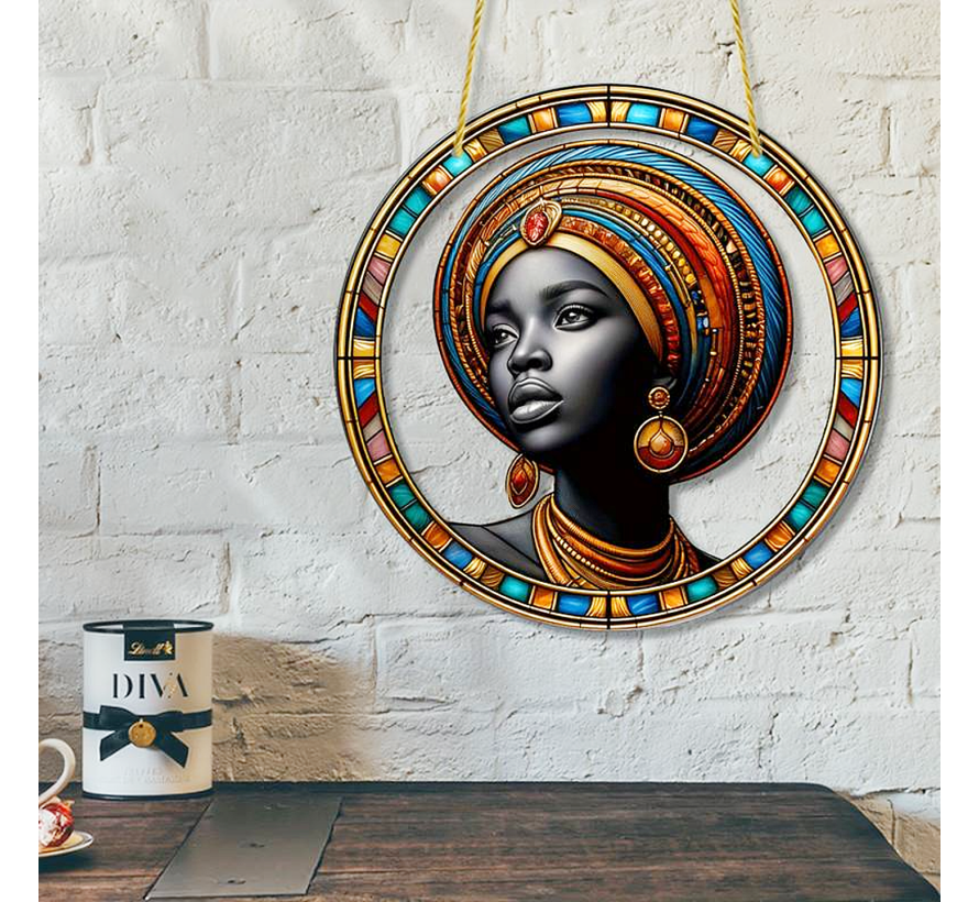 Allernieuwste.nl® Raamhanger Raamdecoratie Afro-Amerikaanse Vrouw - Kleurige Zonnevanger Rond Acryl met Ketting - Afro Meisje - Wandkunst Suncatcher Rond model 20.3 cm %%