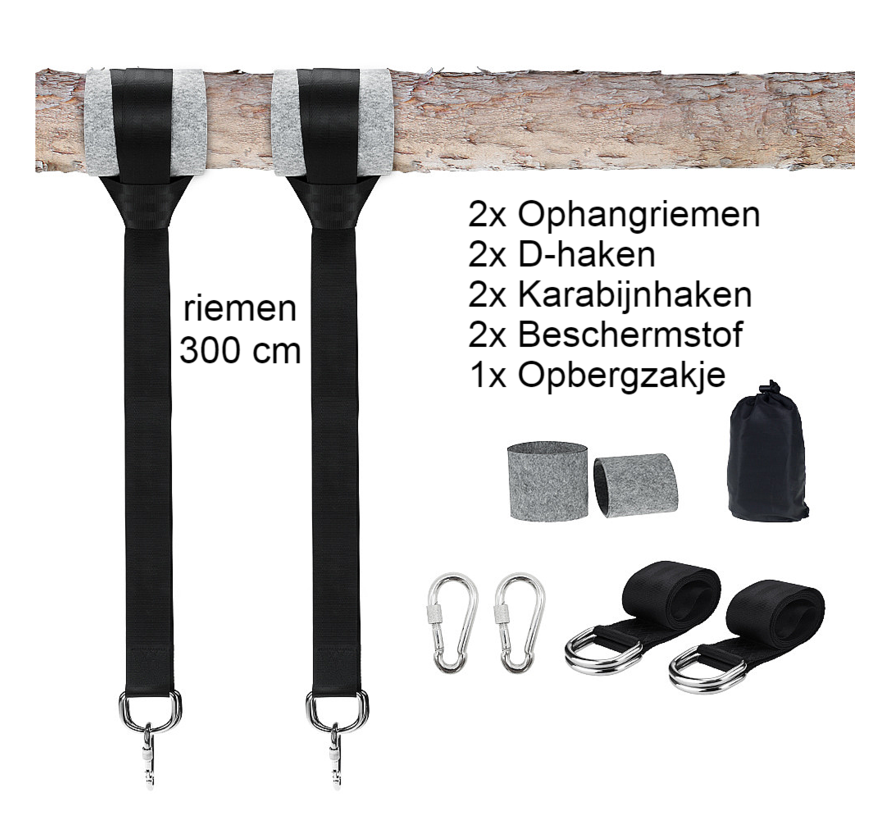 Allernieuwste.nl® Ophangsysteem voor Hangmat - Schommel - Nestschommel - Bevestigingsset - Hangmat Ophangsysteem - Ophangset - Schommel Riemen - Inclusief Haken - Karabijnhaak - 300cm - set van 2 stuks - Zwart - Tot 500 kg