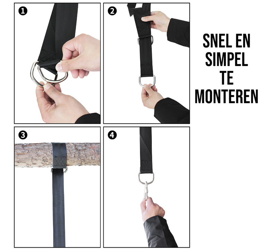 Allernieuwste.nl® Ophangsysteem voor Hangmat - Schommel - Nestschommel - Bevestigingsset - Hangmat Ophangsysteem - Ophangset - Schommel Riemen - Inclusief Haken - Karabijnhaak - 300cm - set van 2 stuks - Zwart - Tot 500 kg