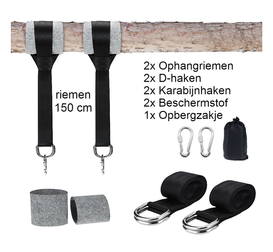 Allernieuwste.nl® Ophangsysteem voor Hangmat - Schommel - Nestschommel - Bevestigingsset - Hangmat Ophangsysteem - Ophangset - Schommel Riemen - Inclusief Haken - Karabijnhaak - 150cm - set van 2 stuks - Zwart - Tot 500 kg