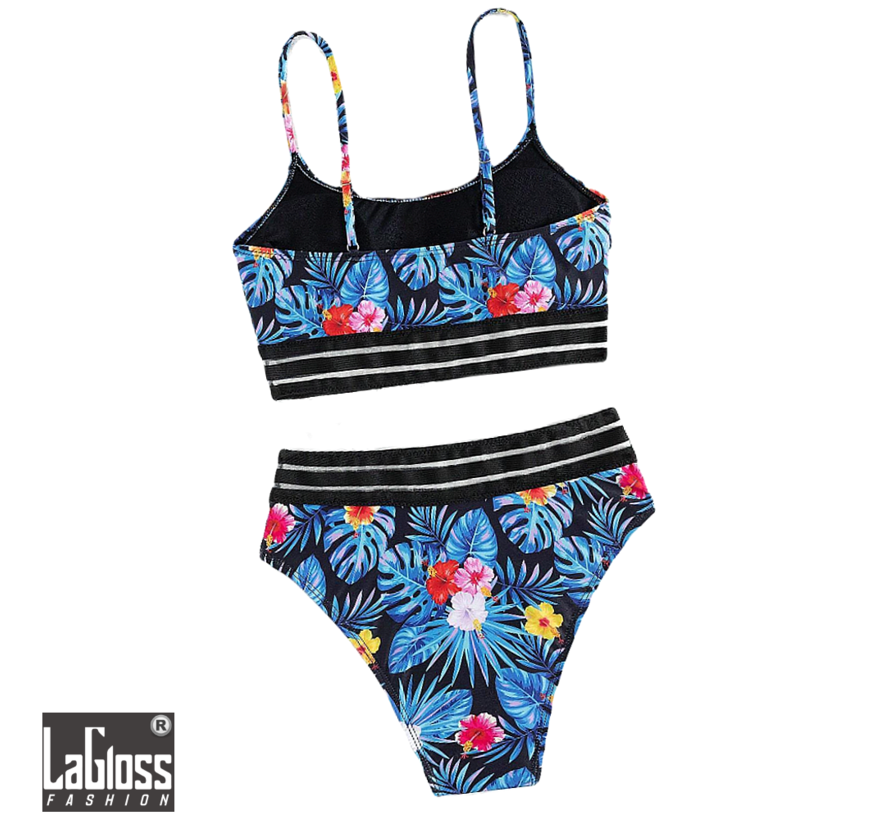 LaGloss® 2-delige Tropische Blauwe Bloemenprint Bikini Set met Transparante Boord - Zomer Strand- en Zwembadkleding - Maat M **