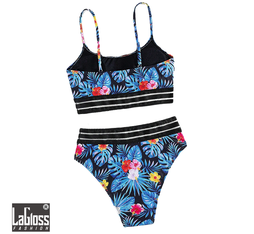 LaGloss® 2-delige Tropische Blauwe Bloemenprint Bikini Set met Transparante Boord - Zomer Strand- en Zwembadkleding - Maat XL **