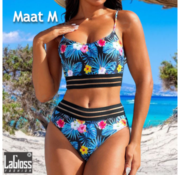 LaGloss 2-delige Tropische Blauwe Bloemenprint Bikini Set met Transparante Boord - Maat M