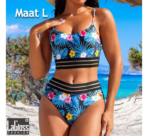 LaGloss LaGloss® 2-delige Tropische Blauwe Bloemenprint Bikini Set met Transparante Boord - Zomer Strand- en Zwembadkleding - Maat L **