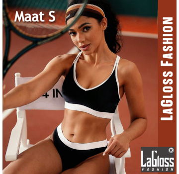 LaGloss 2-delig Zwarte Witte Tennis Look Bikini Set - Maat S