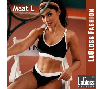 LaGloss 2-delig Zwarte Witte Tennis Look Bikini Set - Maat L