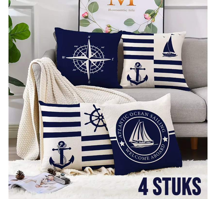 Allernieuwste.nl® SET 4 Stuks Bootkussens Maritieme Nautische Kussenhoes Linnen 45x45 cm Blauw 4 Stuks ##