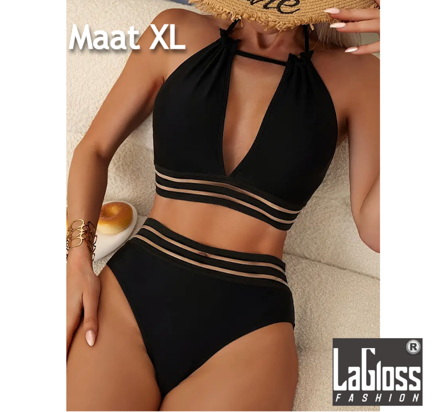 LaGloss® Bikini Zwart met Transparante Boord - Trendy Dames Zwempak - Zomer Beachwear - Maat XL %%