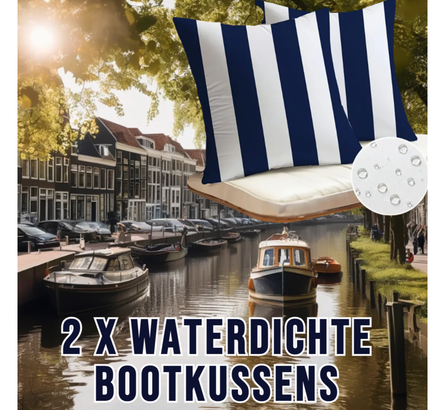 Set van 2 Nautische Sierkussens Kussenhoezen Bootkussens - Blauw-Wit - Waterafstotend Linnen - 45x45cm %%