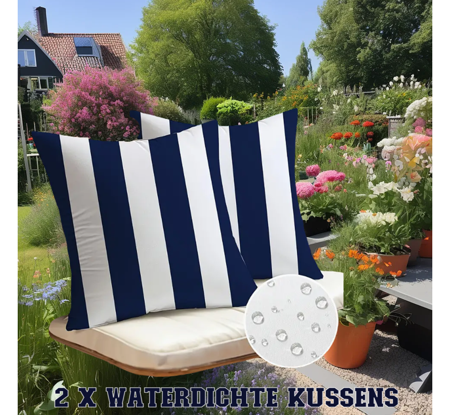 Set van 2 Waterdichte Kussenhoezen Gestreepte Kussens - Blauw-Wit - Waterafstotende Linnen Sierkussens - 45 x 45 cm %%