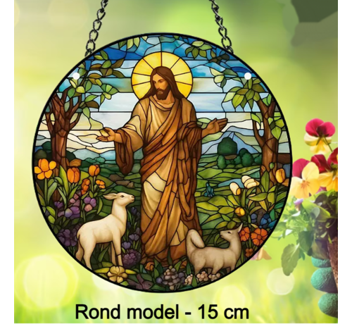 Allernieuwste.nl Allernieuwste.nl® Raamhanger Raamdecoratie Jezus Christus met Schapen - Kleurige Zonnevanger Rond Acryl met Ketting - Jezus de Messias - Suncatcher Rond model 15 cm %%