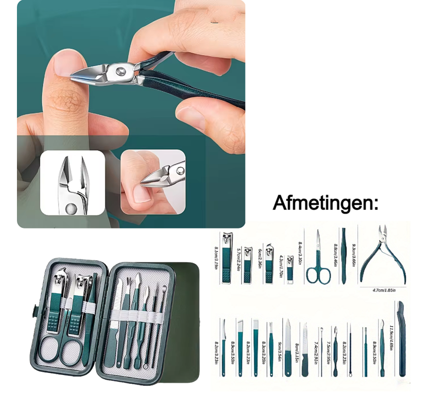 Allernieuwste.nl® Professionele 11-delige Manicure Set - RVS Nagelverzorgingsset Stevig Etui Manicure Set - Groen ##