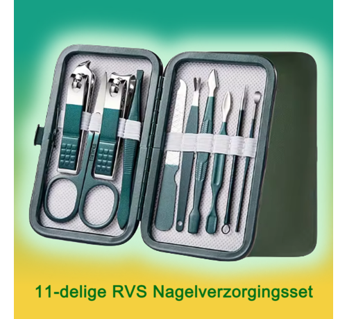 Allernieuwste.nl Allernieuwste.nl® Professionele 11-delige Manicure Set - RVS Nagelverzorgingsset Stevig Etui Manicure Set - Groen ##