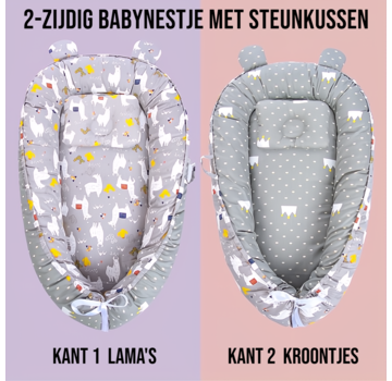 Allernieuwste.nl Babynest 2-zijdig Omkeerbaar met Steun Kussen - Grijs Lama en Kroontjes - 50 x 90 cm