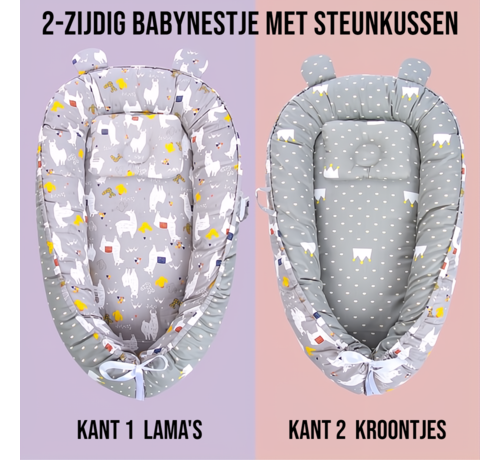 Allernieuwste.nl Allernieuwste.nl® Babynest 2-zijdig Omkeerbaar Baby Nest met Steun Kussen - Wasbaar 100% Katoen Babynestje - Bionisch Babybed - 50 x 90 cm GRIJS Lama EN Kroontjes