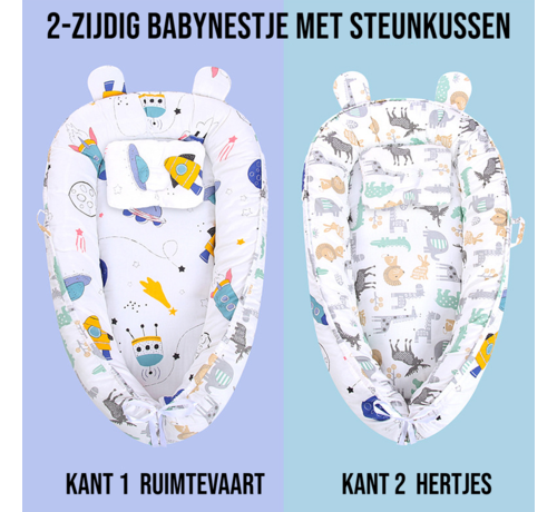 Allernieuwste.nl Allernieuwste.nl® Babynest 2-zijdig Omkeerbaar Baby Nest met Steun Kussen - Wasbaar 100% Katoen Babynestje - Bionisch Babybed - 50 x 90 cm WIT Ruimtevaart en Hert